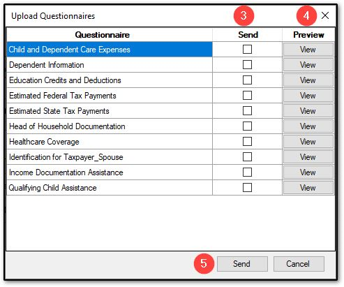 Image showing the list of questionnaires that can be sent.